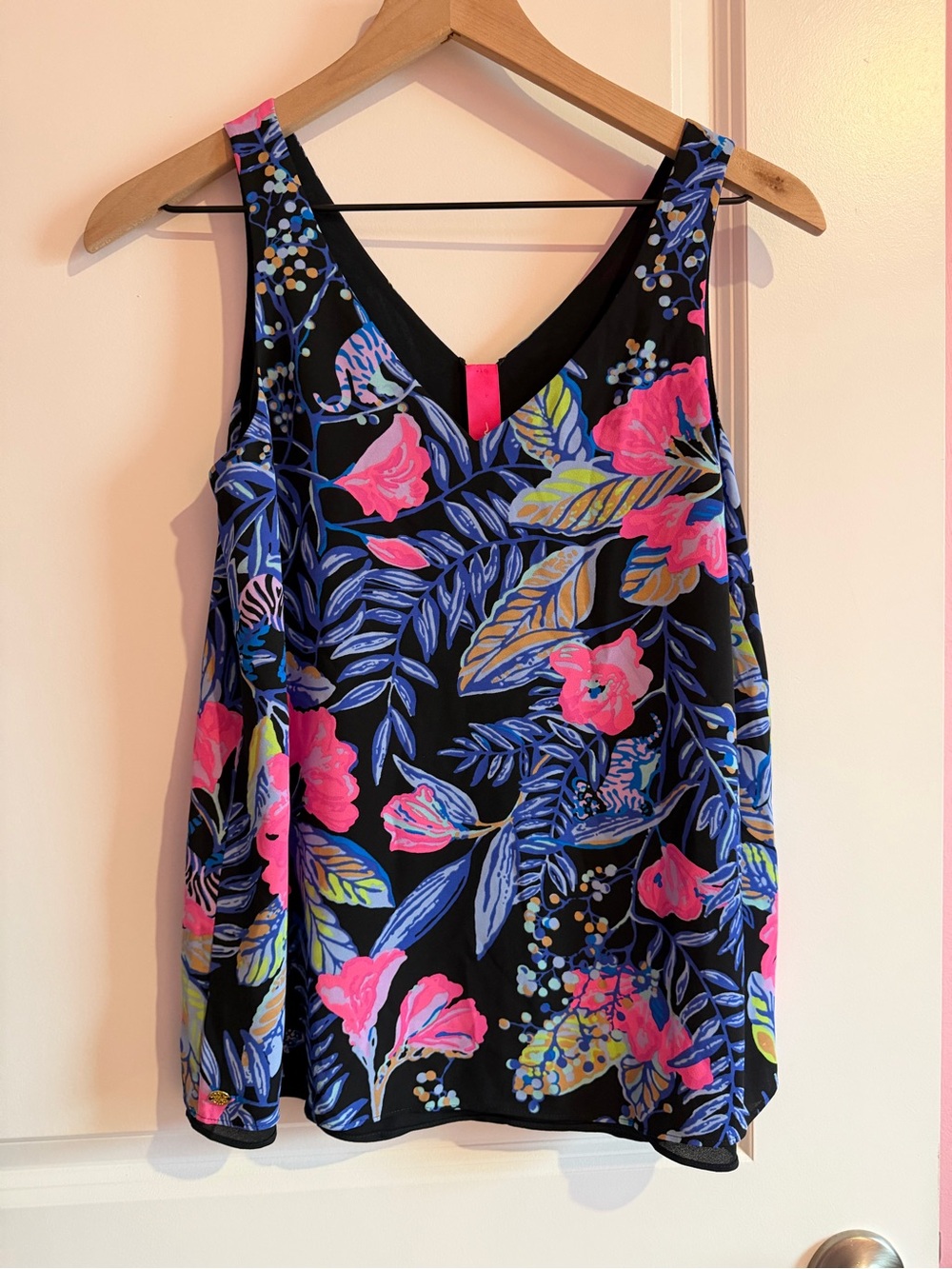 Lilly Pulitzer Black Floral V-Neck Tank with Pink & Blue Print
